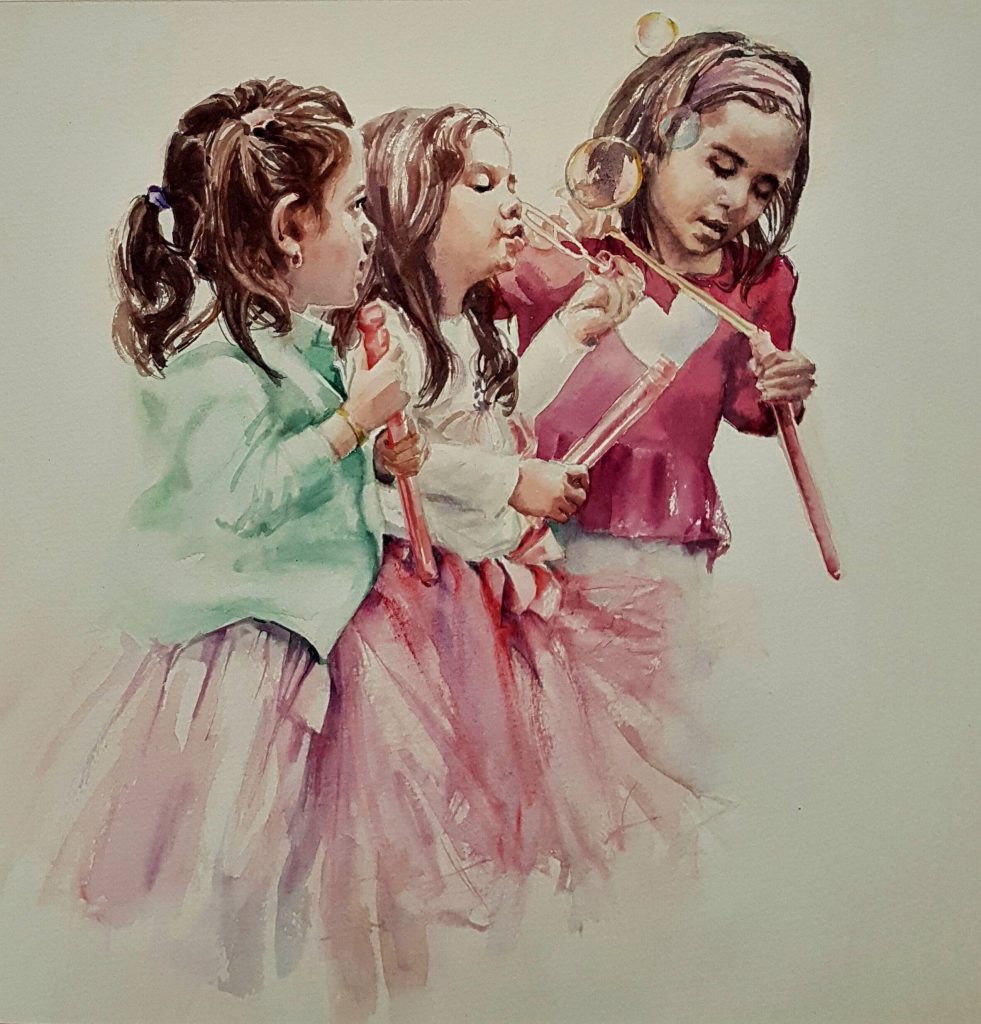 Blowing bubbles, watercolor, 30x30 cm