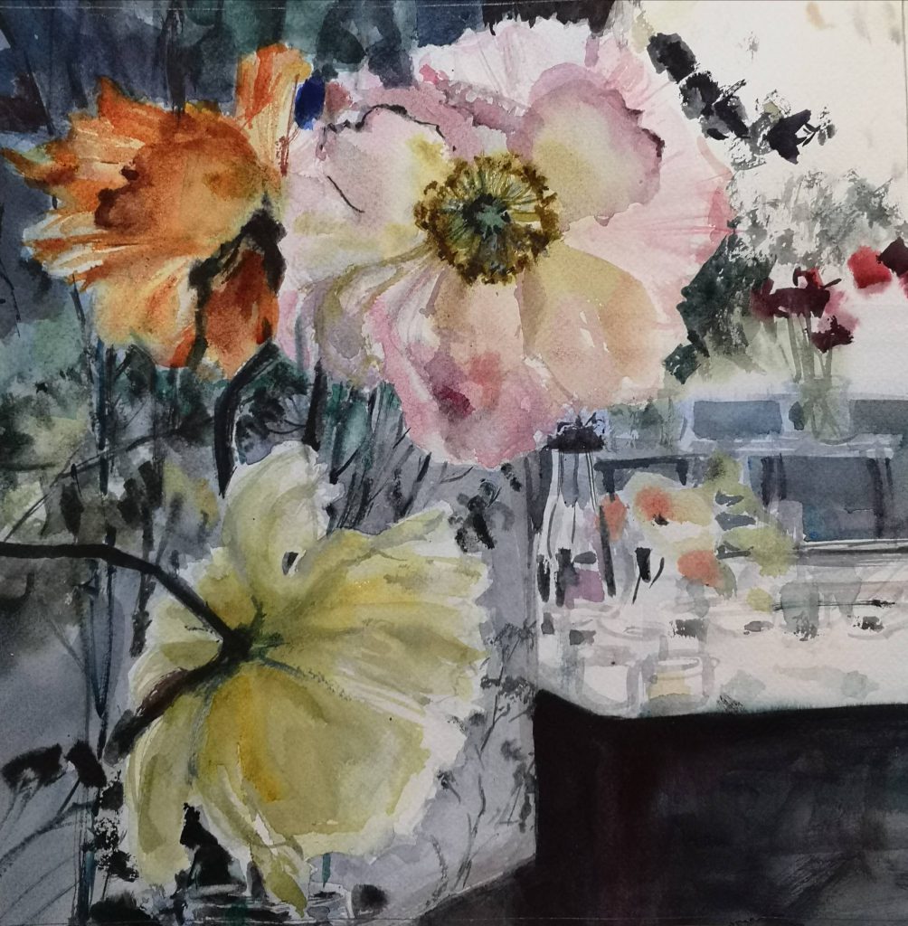 Flowers in the workshop, watercolor, 30x30 cm