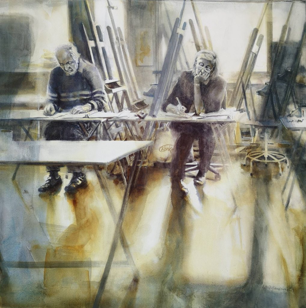 Students at the Kunstenhuis, watercolor, 70x70 cm