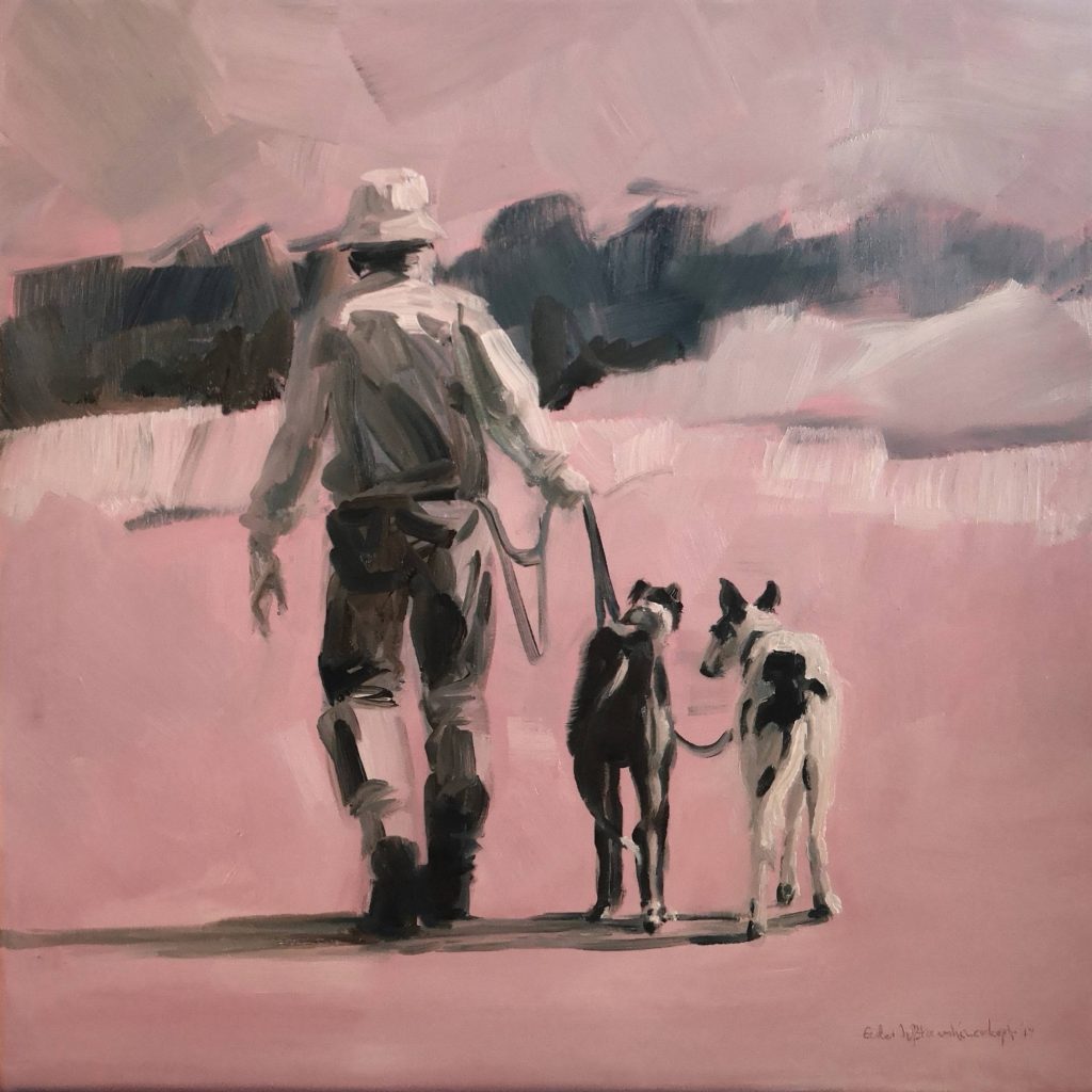 Walking the dog, oilcolor, 40x40 cm